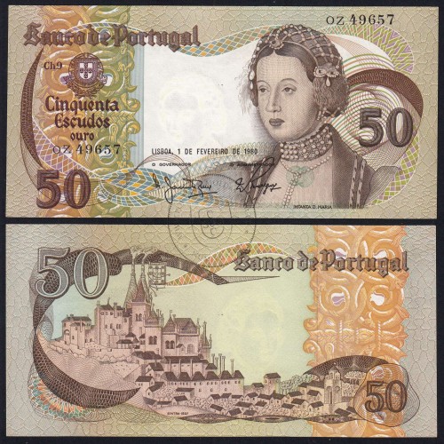 50 Escudos Banknote 1980 Infanta D. Maria, OZ 49657, Plate: 9 - Bank of Portugal (Uncirculated), Pick 174