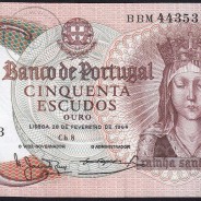 50 Escudos Banknote 1964 Queen Santa Isabel, Plate: 8 - Bank of Portugal (Circulated), Pick 168