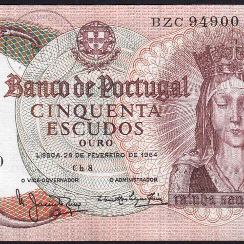50 Escudos Banknote 1964 Queen Santa Isabel, Plate: 8 - Bank of Portugal (Little Circulated), Pick 168