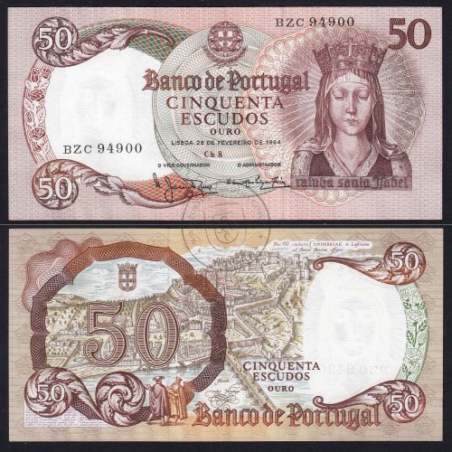 50 Escudos Banknote 1964 Queen Santa Isabel, Plate: 8 - Bank of Portugal (Little Circulated), Pick 168