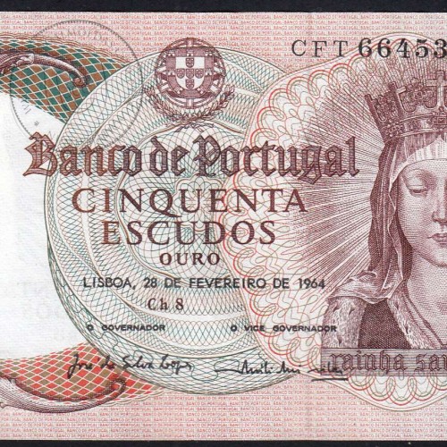 50 Escudos Banknote 1964 Queen Santa Isabel, Plate: 8 - Bank of Portugal (Circulated), Pick 168