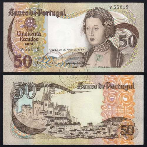 50 Escudos Banknote 1968 Infanta D. Maria, V 55019, Plate: 9 - Bank of Portugal (Lightly Circulated), Pick 174