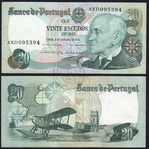 20 (Twenty) Escudos Admiral Gago Coutinho 4.10.1978, Plate 9 - Bank of Portugal, (C), AXD 095394, Pick 176b