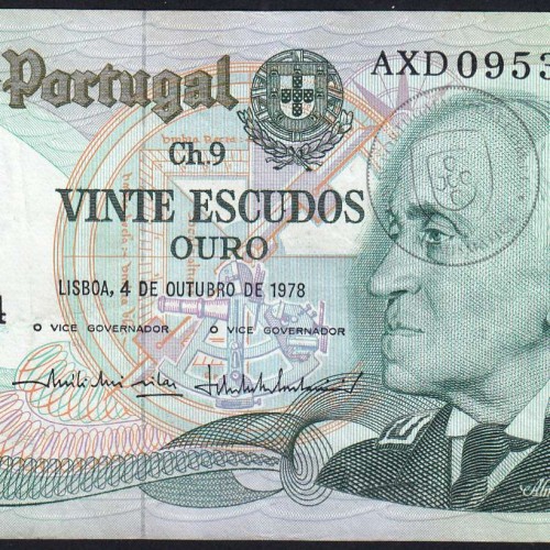 20 (Vinte) Escudos 1978 Gago Coutinho 4/10/1978 Chapa:9 Banco de Portugal, (C), AXD 095394, Pick 176b