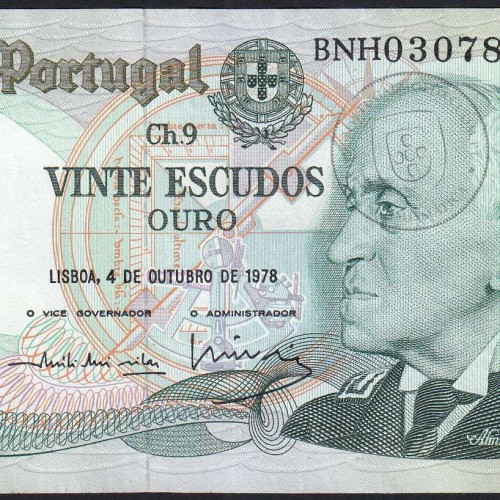 20 (Twenty) Escudos Admiral Gago Coutinho 4.10.1978, Plate 9 - Bank of Portugal, (EF), BNH 030781, Pick 176b