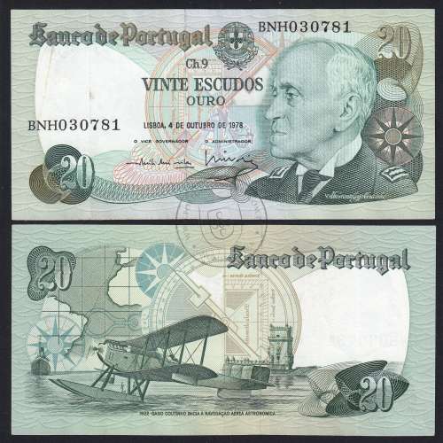 20 (Twenty) Escudos Admiral Gago Coutinho 4.10.1978, Plate 9 - Bank of Portugal, (EF), BNH 030781, Pick 176b