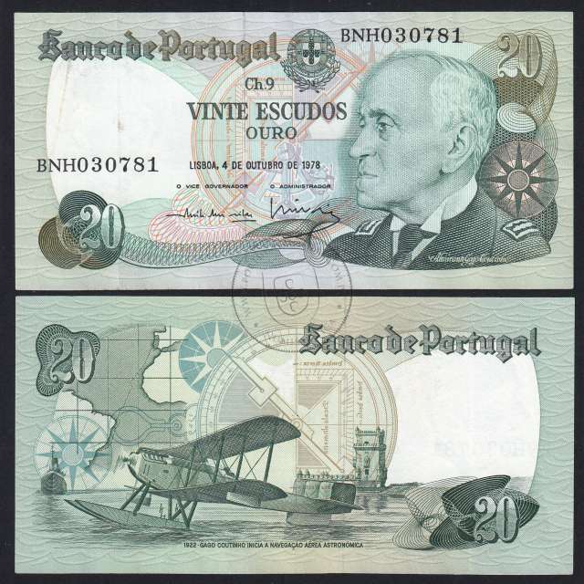20 (Vinte) Escudos 1978 Gago Coutinho 4/10/1978 Chapa:9 Banco de Portugal, (PC), BNH 030781, Pick 176b
