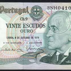 20 (Vinte) Escudos 1978 Gago Coutinho 4/10/1978 Chapa:9 Banco de Portugal, (PC), BNH 041098, Pick 176b
