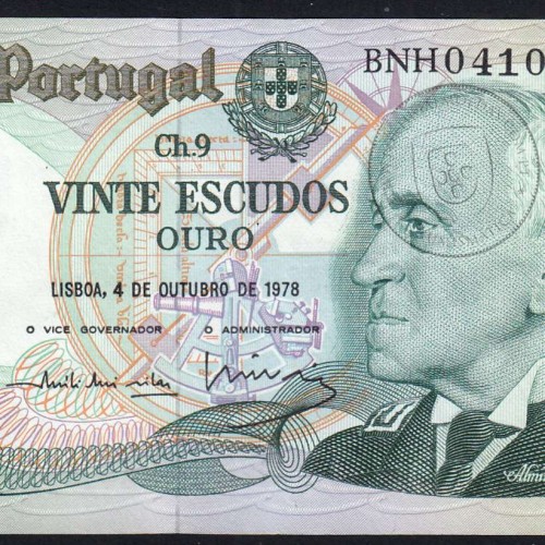 20 (Twenty) Escudos Admiral Gago Coutinho 4.10.1978, Plate 9 - Bank of Portugal, (EF), BNH 041098, Pick 176b