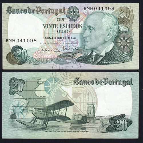 20 (Vinte) Escudos 1978 Gago Coutinho 4/10/1978 Chapa:9 Banco de Portugal, (PC), BNH 041098, Pick 176b