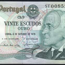 20 (Twenty) Escudos Admiral Gago Coutinho 4.10.1978, Plate 9 - Bank of Portugal, (EF), ST 008526, Pick 176b