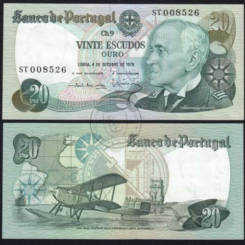 20 (Twenty) Escudos Admiral Gago Coutinho 4.10.1978, Plate 9 - Bank of Portugal, (EF), ST 008526, Pick 176b