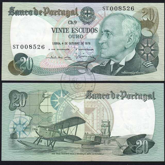 20 (Twenty) Escudos Admiral Gago Coutinho 4.10.1978, Plate 9 - Bank of Portugal, (EF), ST 008526, Pick 176b