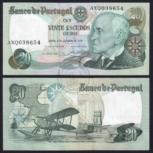 20 (Twenty) Escudos Admiral Gago Coutinho 4.10.1978, Plate 9 - Bank of Portugal, (AU), AXQ 038654, Pick 176b