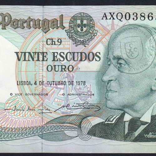 20 (Twenty) Escudos Admiral Gago Coutinho 4.10.1978, Plate 9 - Bank of Portugal, (AU), AXQ 038655, Pick 176b