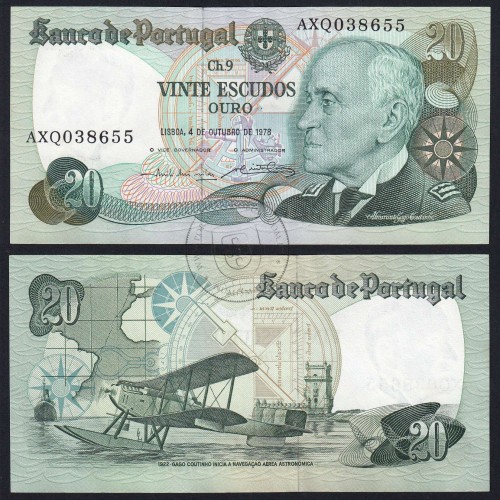 20 (Twenty) Escudos Admiral Gago Coutinho 4.10.1978, Plate 9 - Bank of Portugal, (AU), AXQ 038655, Pick 176b