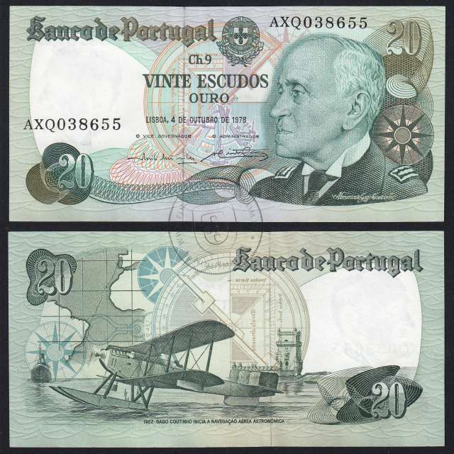 20 (Twenty) Escudos Admiral Gago Coutinho 4.10.1978, Plate 9 - Bank of Portugal, (AU), AXQ 038655, Pick 176b