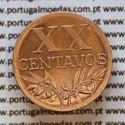 Portugal, bronze coin of 20 centavos 1945 Portuguese Republic, XX centavos 1945 Bronze (UNC), World Coins Portugal KM 584 b