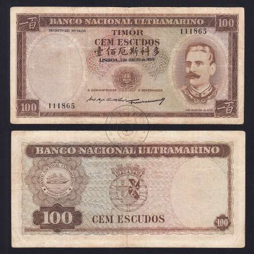 Nota Cem Escudos 1959 José Celestino da Silva, 100 Escudos 02/01/1959 - Timor Pick 24 (Circulada)