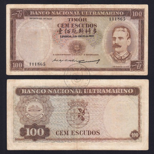 Nota Cem Escudos 1959 José Celestino da Silva, 100 Escudos 02/01/1959 - Timor Pick 24 (Circulada)