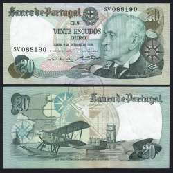 20 (Twenty) Escudos Admiral Gago Coutinho 4.10.1978, Plate 9 - Bank of Portugal, (AU), SV 088190, Pick 176b