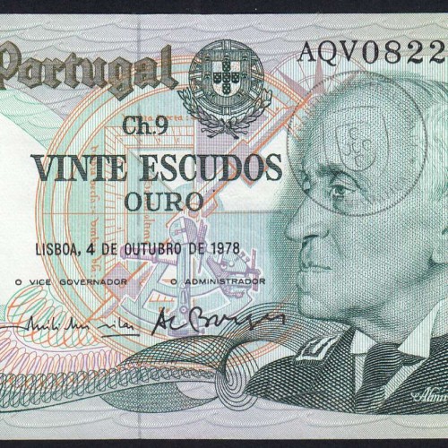 20 (Vinte) Escudos 1978 Gago Coutinho 4/10/1978 Chapa:9 Banco de Portugal, (QNC), AQV 082239, Pick 176b