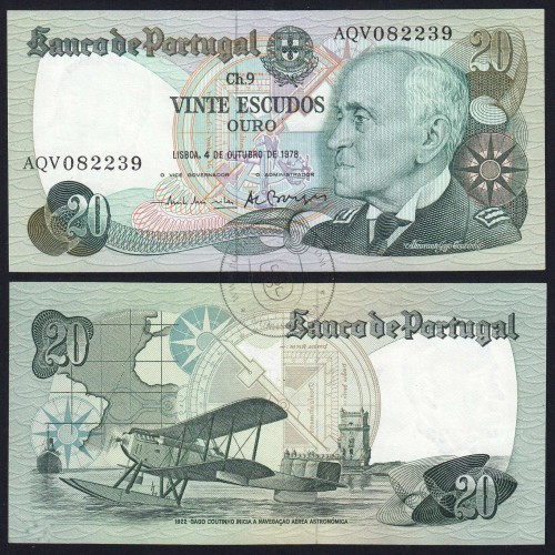 20 (Vinte) Escudos 1978 Gago Coutinho 4/10/1978 Chapa:9 Banco de Portugal, (QNC), AQV 082239, Pick 176b