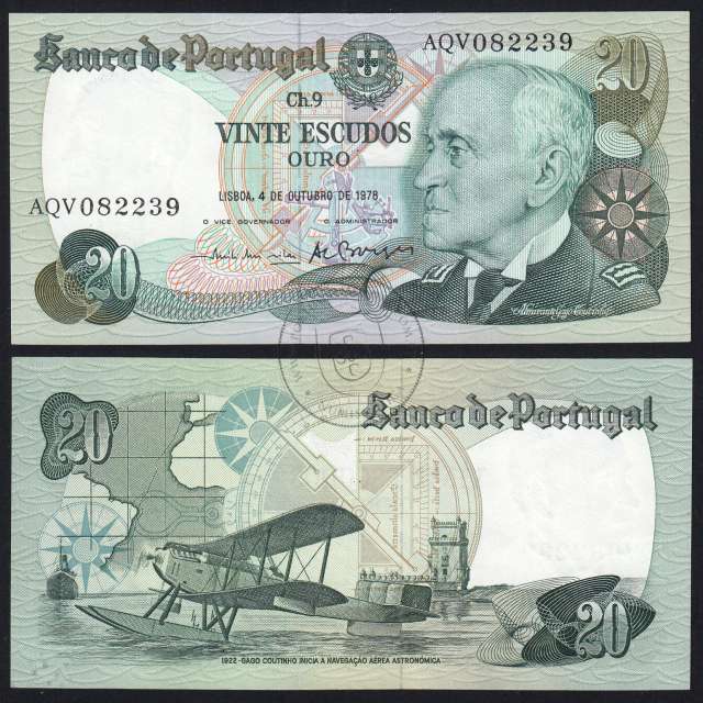 20 (Twenty) Escudos Admiral Gago Coutinho 4.10.1978, Plate 9 - Bank of Portugal, (AU), AQV 082239, Pick 176b