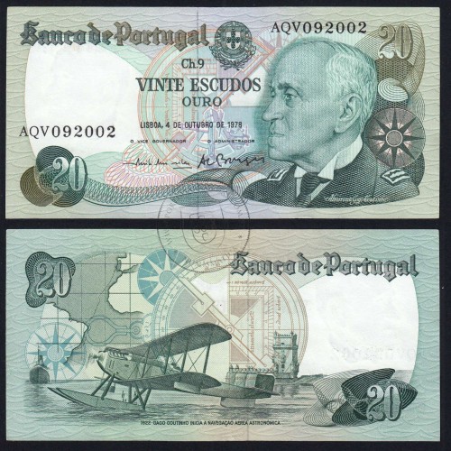 20 (Vinte) Escudos 1978 Gago Coutinho 4/10/1978 Chapa:9 Banco de Portugal, (PC), AQV 092002, Pick 176b