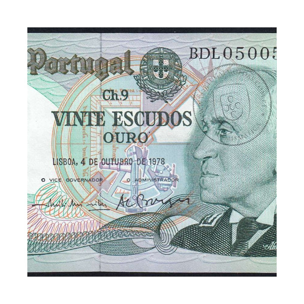 20 (Twenty) Escudos Admiral Gago Coutinho 4.10.1978, Plate 9 - Bank of Portugal, (EF), BDL 050057, Pick 176b