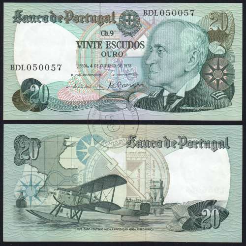 20 (Vinte) Escudos 1978 Gago Coutinho 4/10/1978 Chapa:9 Banco de Portugal, (PC), BDL 050057, Pick 176b