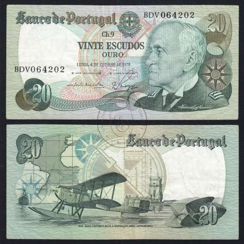 20 (Vinte) Escudos 1978 Gago Coutinho 4/10/1978 Chapa:9 Banco de Portugal, (C), BDV 064202, Pick 176b