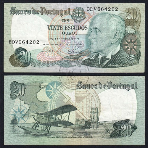 20 (Twenty) Escudos Admiral Gago Coutinho 4.10.1978, Plate 9 - Bank of Portugal, (C), BDV 064202, Pick 176b