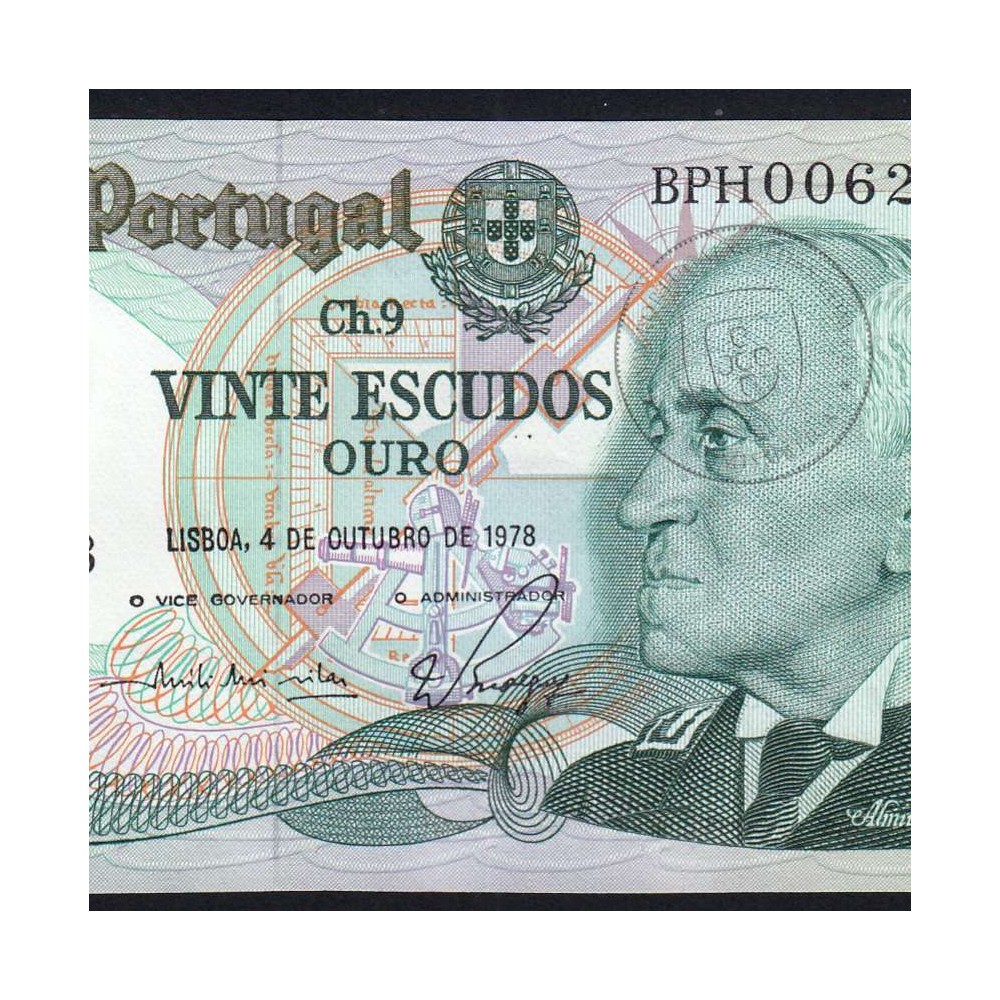20 (Twenty) Escudos Admiral Gago Coutinho 4.10.1978, Plate 9 - Bank of Portugal, (EF), BPH 006278, Pick 176b