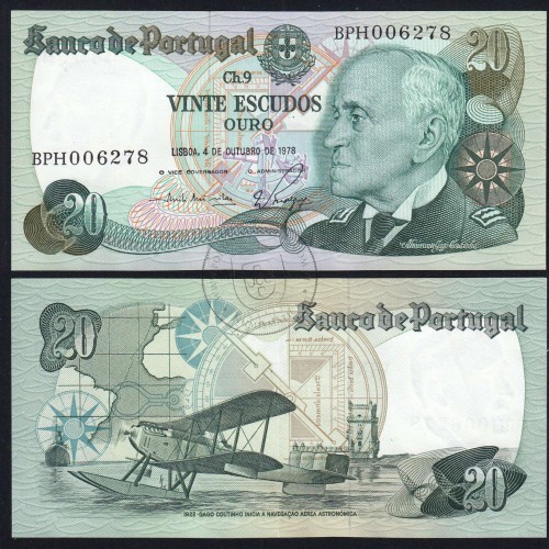 20 (Twenty) Escudos Admiral Gago Coutinho 4.10.1978, Plate 9 - Bank of Portugal, (EF), BPH 006278, Pick 176b