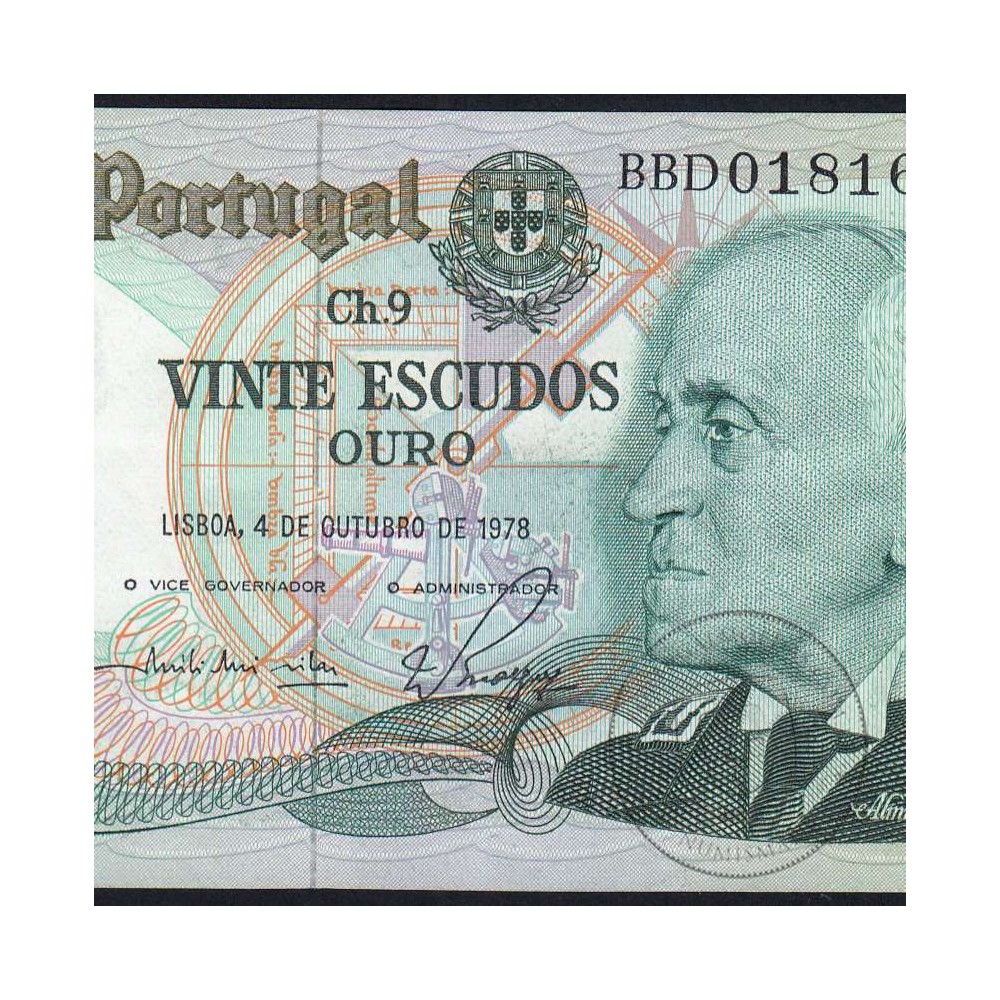 20 (Twenty) Escudos Admiral Gago Coutinho 4.10.1978, Plate 9 - Bank of Portugal, (AU), BBD 018166, Pick 176b