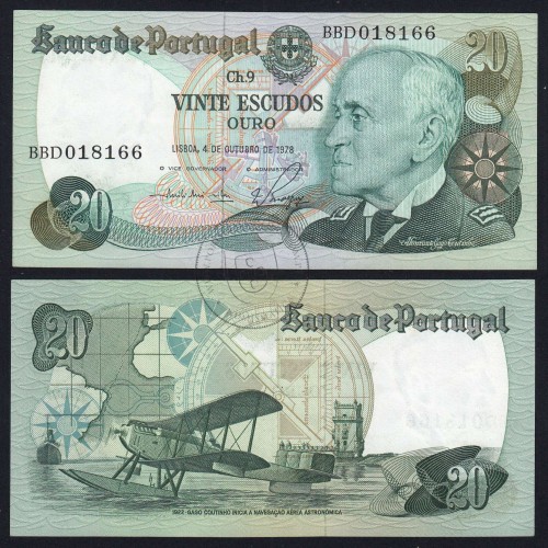 20 (Vinte) Escudos 1978 Gago Coutinho 4/10/1978 Chapa:9 Banco de Portugal, (QNC), BBD 018166, Pick 176b