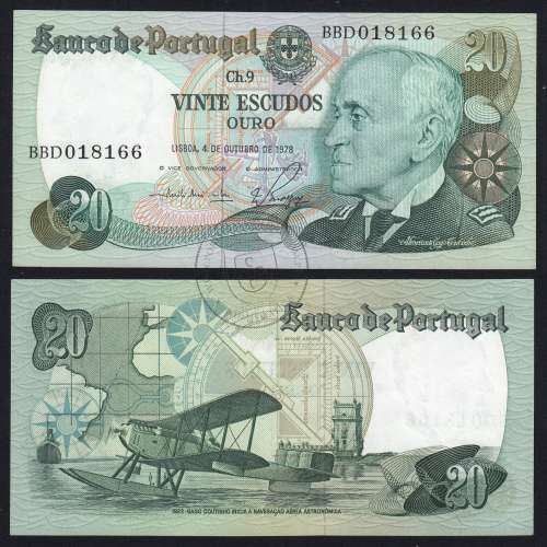 20 (Vinte) Escudos 1978 Gago Coutinho 4/10/1978 Chapa:9 Banco de Portugal, (QNC), BBD 018166, Pick 176b