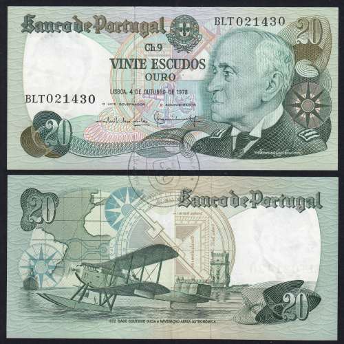 20 (Twenty) Escudos Admiral Gago Coutinho 4.10.1978, Plate 9 - Bank of Portugal, (EF), BLT 021430, Pick 176b