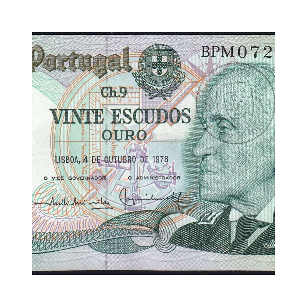 20 (Twenty) Escudos Admiral Gago Coutinho 4.10.1978, Plate 9 - Bank of Portugal, (EF), BPM 072164, Pick 176b