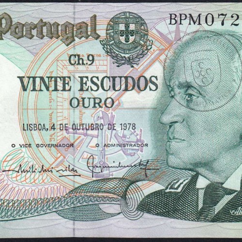 20 (Twenty) Escudos Admiral Gago Coutinho 4.10.1978, Plate 9 - Bank of Portugal, (EF), BPM 072164, Pick 176b
