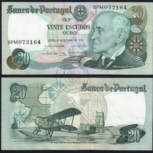 20 (Vinte) Escudos 1978 Gago Coutinho 4/10/1978 Chapa:9 Banco de Portugal, (PC), BPM 072164, Pick 176b