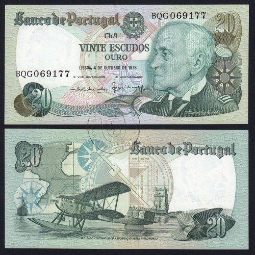 20 (Twenty) Escudos Admiral Gago Coutinho 4.10.1978, Plate 9 - Bank of Portugal, (UNC), BQG 069177, Pick 176b