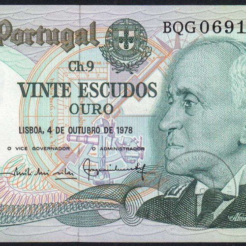20 (Twenty) Escudos Admiral Gago Coutinho 4.10.1978, Plate 9 - Bank of Portugal, (UNC), BQG 069153, Pick 176b