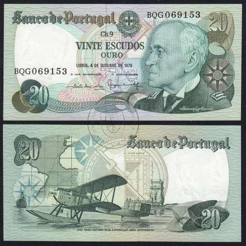 20 (Twenty) Escudos Admiral Gago Coutinho 4.10.1978, Plate 9 - Bank of Portugal, (UNC), BQG 069153, Pick 176b