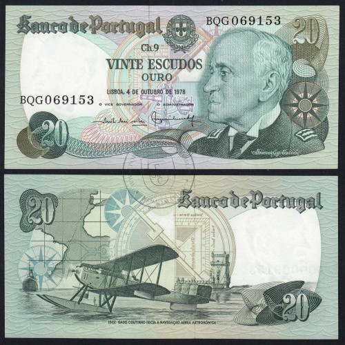20 (Twenty) Escudos Admiral Gago Coutinho 4.10.1978, Plate 9 - Bank of Portugal, (UNC), BQG 069153, Pick 176b