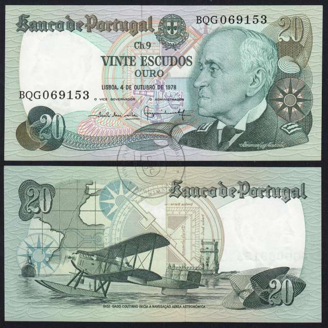 20 (Twenty) Escudos Admiral Gago Coutinho 4.10.1978, Plate 9 - Bank of Portugal, (UNC), BQG 069153, Pick 176b