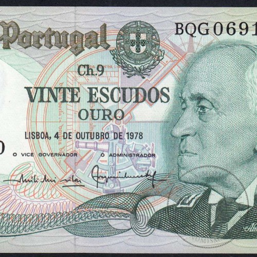 20 (Vinte) Escudos 1978 Gago Coutinho 4/10/1978 Chapa:9 Banco de Portugal, (NC), BQG 069180, Pick 176b