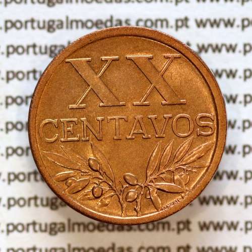 Portugal, bronze coin of 20 centavos 1952 Portuguese Republic, XX centavos 1952 Bronze (UNC), World Coins Portugal KM 584 A2