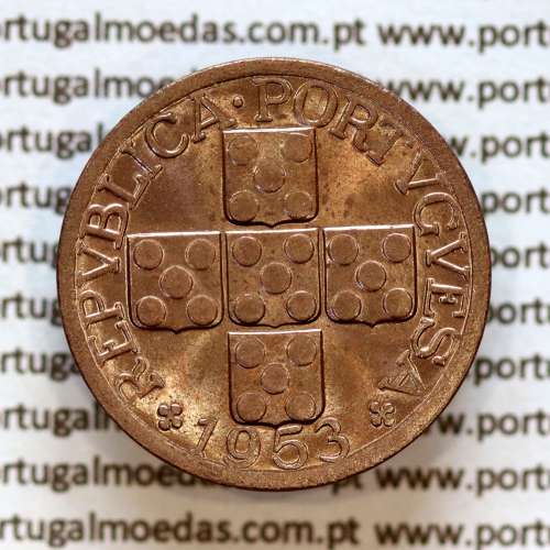Portugal, bronze coin of 20 centavos 1953 Portuguese Republic, XX centavos 1953 Bronze, (UNC), World Coins Portugal KM 584 a3